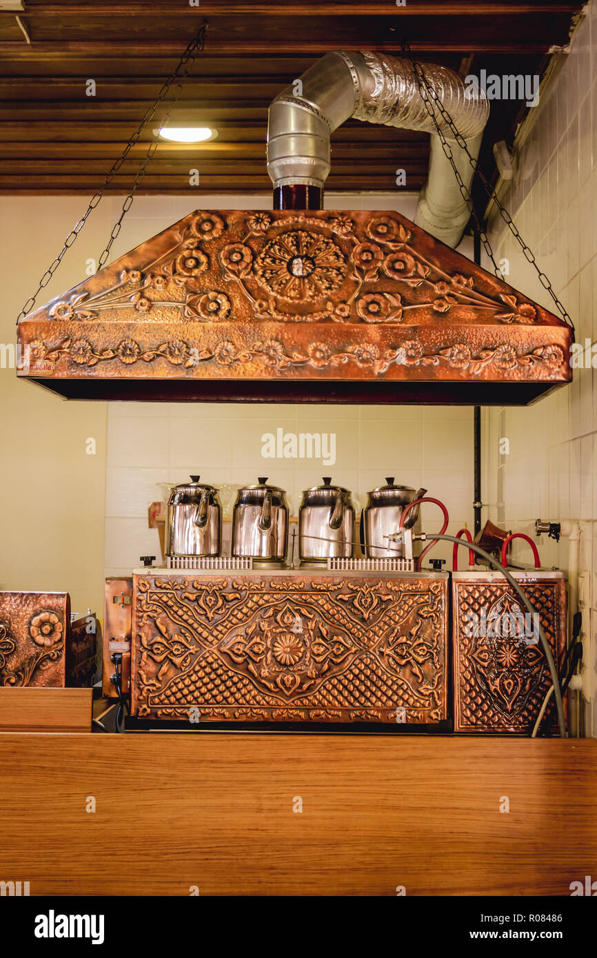 Teapots on copper tea boiler in a Turkish Tea house Stock Photo Alamy