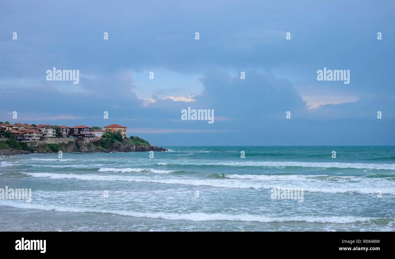 Sozopol, Bulgaria. Houses by the sea on a stormy day. Stock Photo
