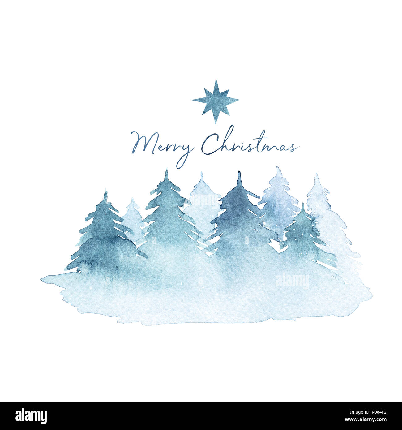Blue watercolor winter landscape of a forest in fog on white background ...