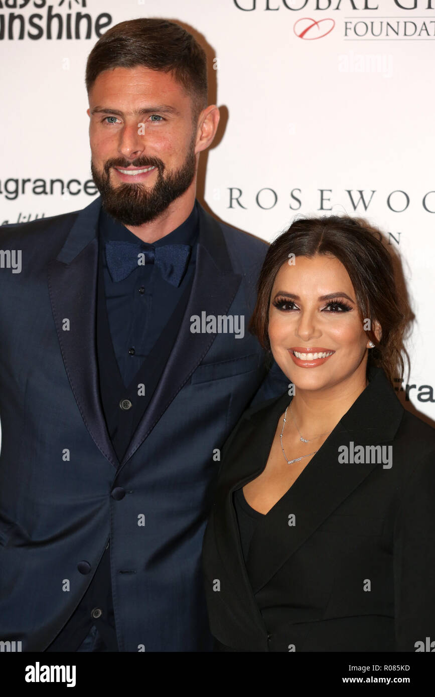 Olivier Giroud and Eva Longoria Baston attending the 9th Annual Global Gift Gala held at the Rosewood Hotel, London. PRESS ASSOCIATION PHOTO. Picture date: Friday November 2, 2018. Photo credit should read: David Parry/PA Wire Stock Photo