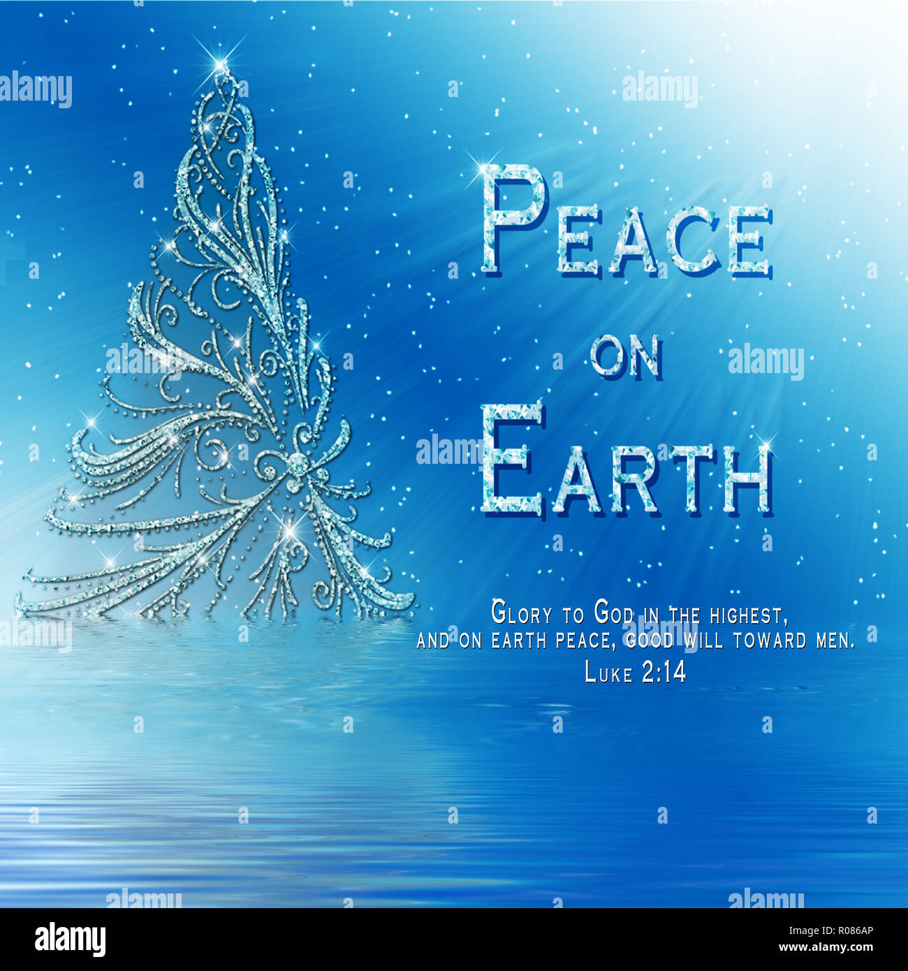 Beautiful Christian Christmas graphic of glitzy tree on gradient blue background with lighted effects.  Text reads Peace on Earth with bible verse. Stock Photo