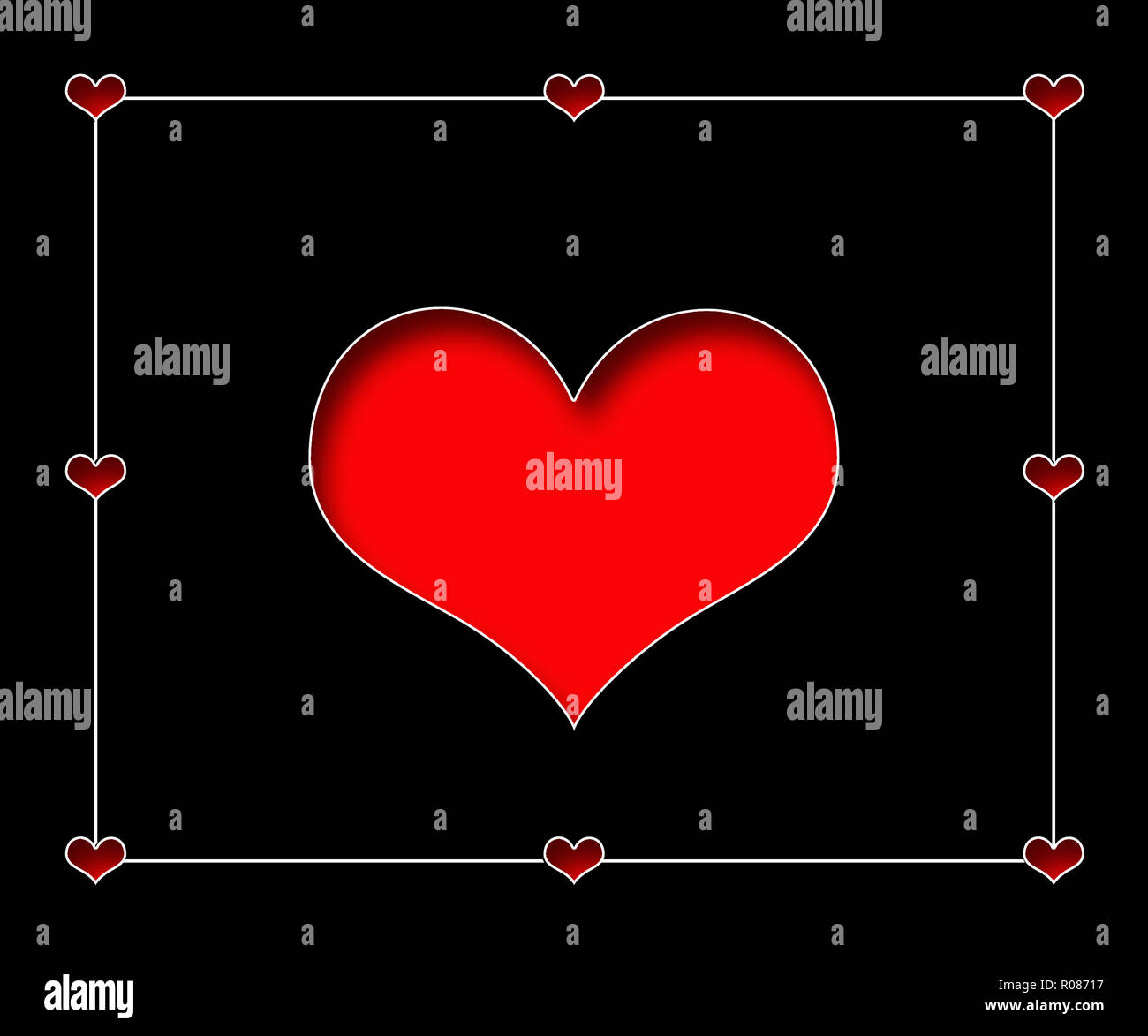 Large Recessed Red Heart Isolated On Black Background With Smaller Hearts In Border Concept Romance And Love Stock Photo Alamy