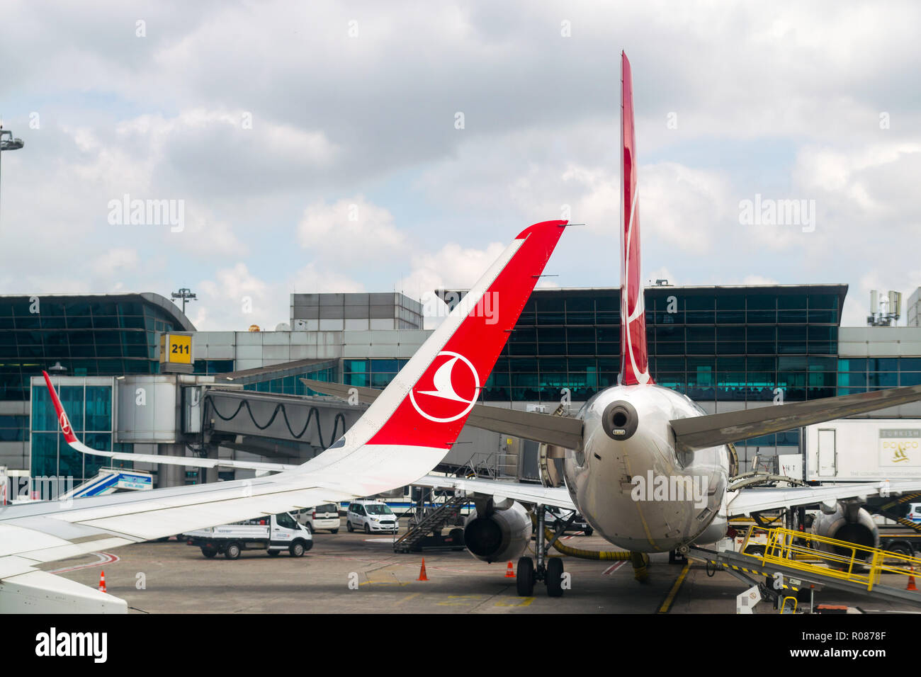 Istanbul Ataturk Airport with Turkish Airlines aircraft at gate, viewed