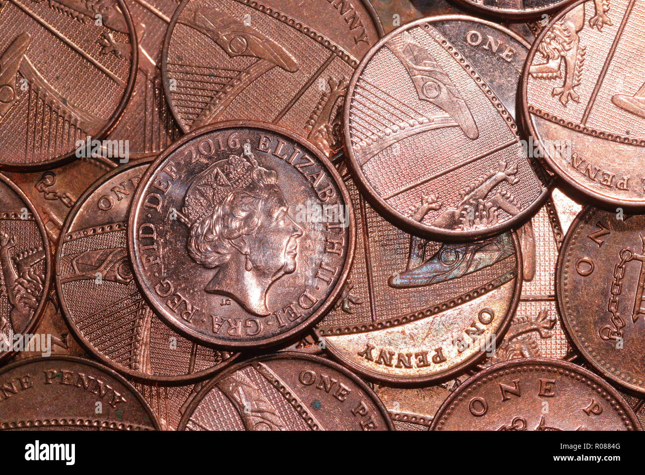 A heap of one pence coins Stock Photo