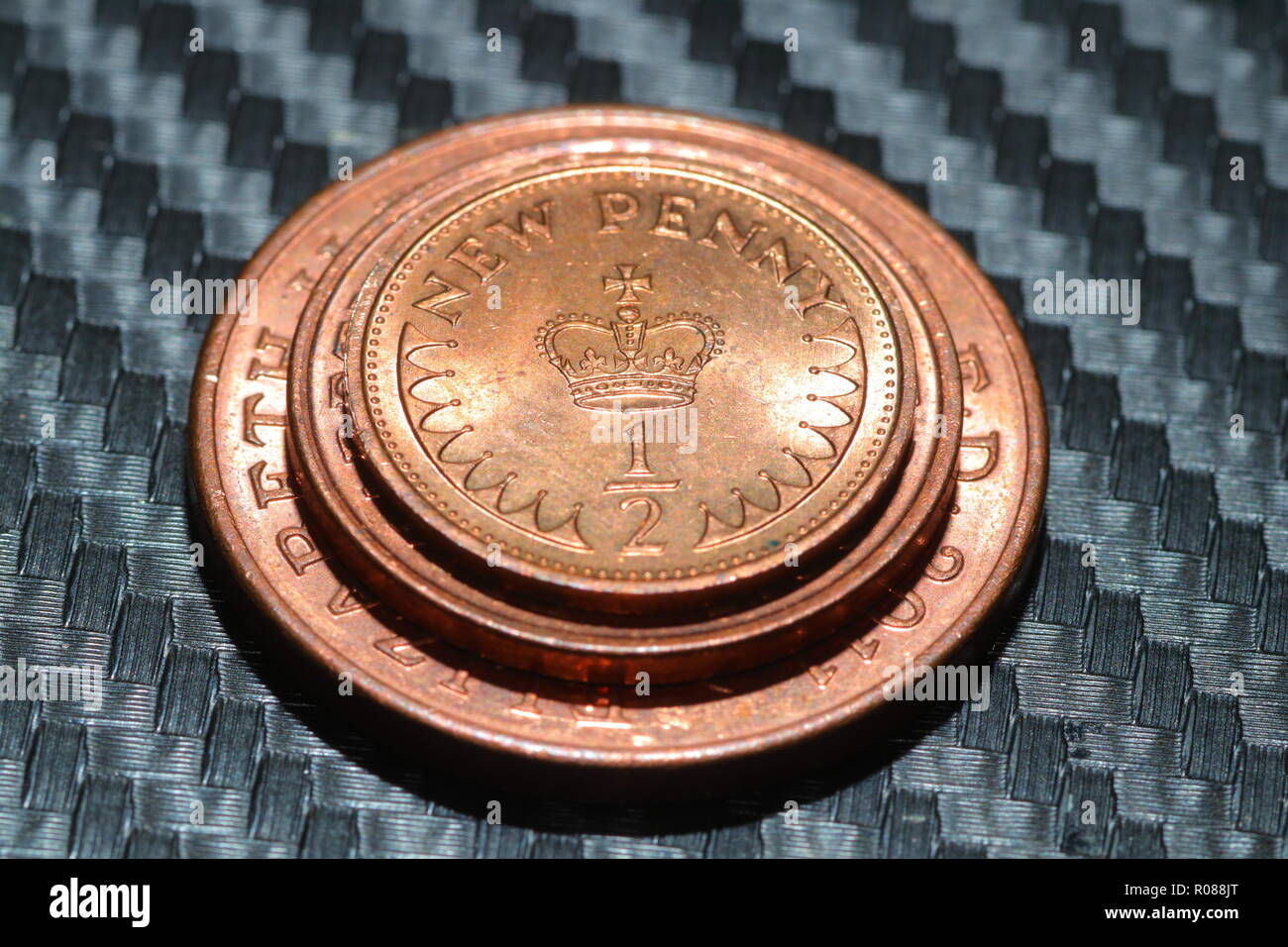 Size comparison of the 1/2 pence, 1 pence & 2 pence coins Stock Photo
