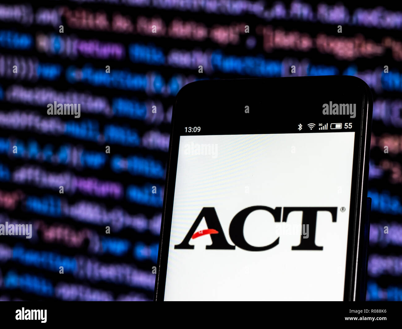 ACT, Inc., Standardized test company logo seen displayed on smart phone
