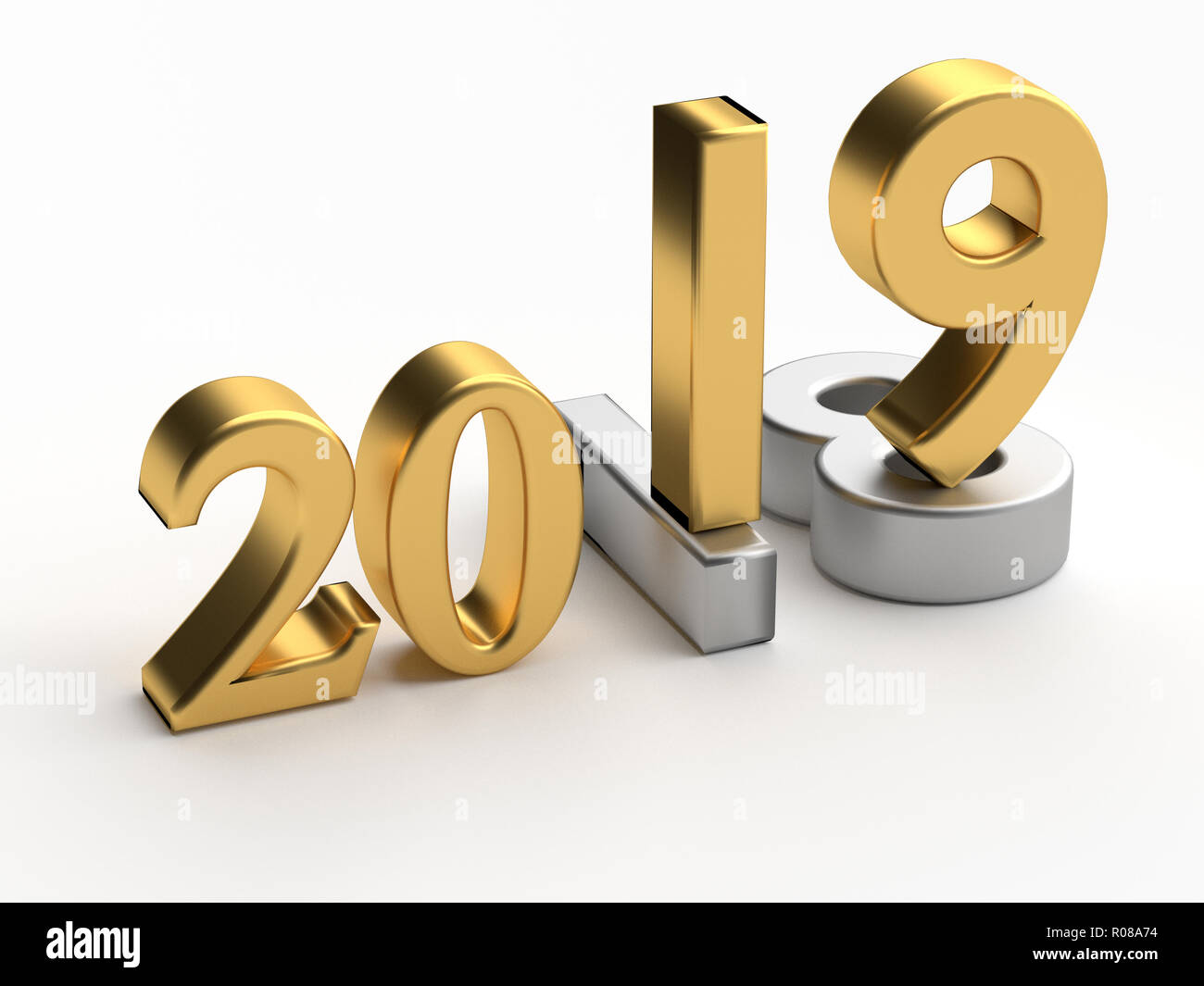 Gold numbers of New Year 2019 over grey old 2018. 3d render Stock Photo