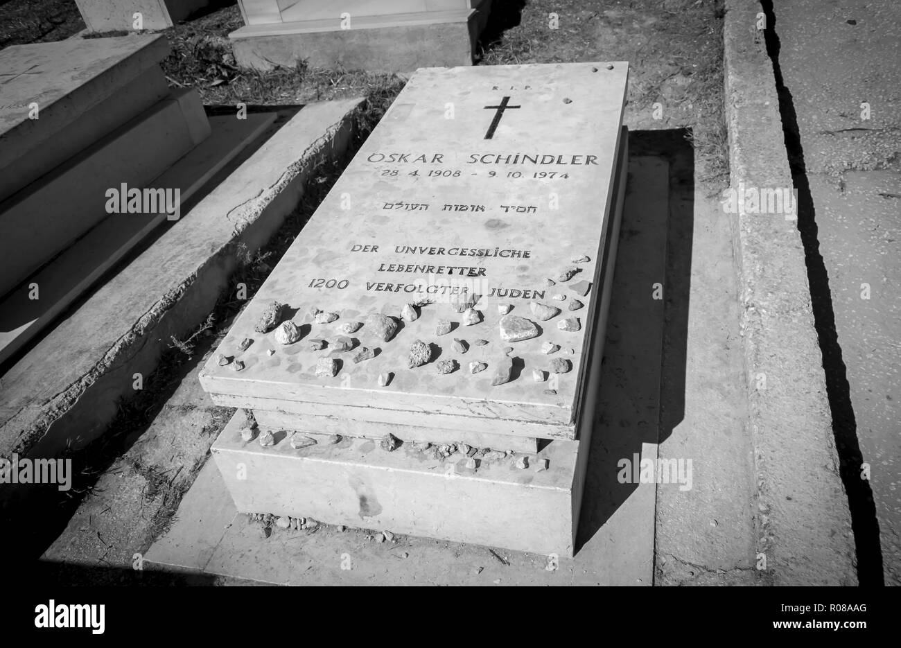 JERUSALEM, ISRAEL. October 30, 2018. A grave of a German industrialist Oskar Schindler who saved Jews during Holocaust. The phrase in German. Stock Photo