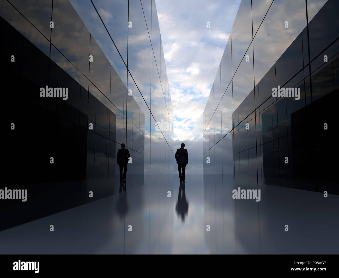 man at the end of the mirror tunnel Stock Photo