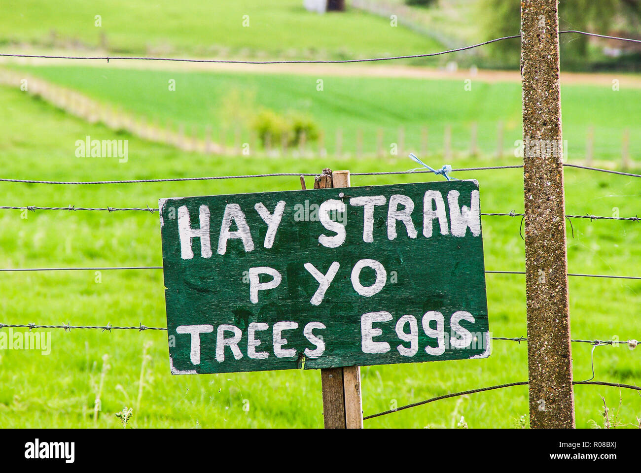 Farm sign. Pick your own. Hay, Straw PYO Trees, Eggs. Roughly painted notice on farm fence. Fields. Hand painted advertisement. Field Stock Photo