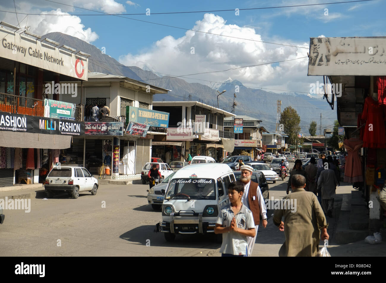 Gilgit, Pakistan. October 6, 2015 : People walking along the shopping street at NLI Market. Stock Photo