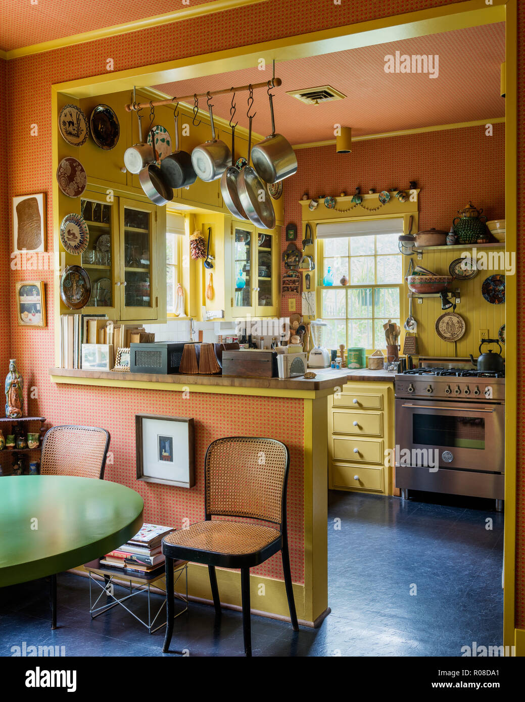 Retro kitchen with orange and yellow color scheme Stock Photo