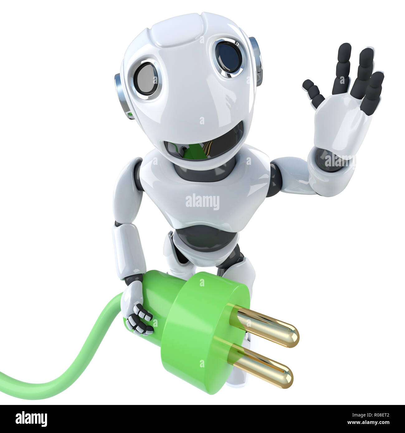 3d render of a funny cartoon robot character holding a green energy power lead Stock Photo - Alamy 3d render of a funny cartoon robot character holding a green energy power lead Stock Photo - Alamy