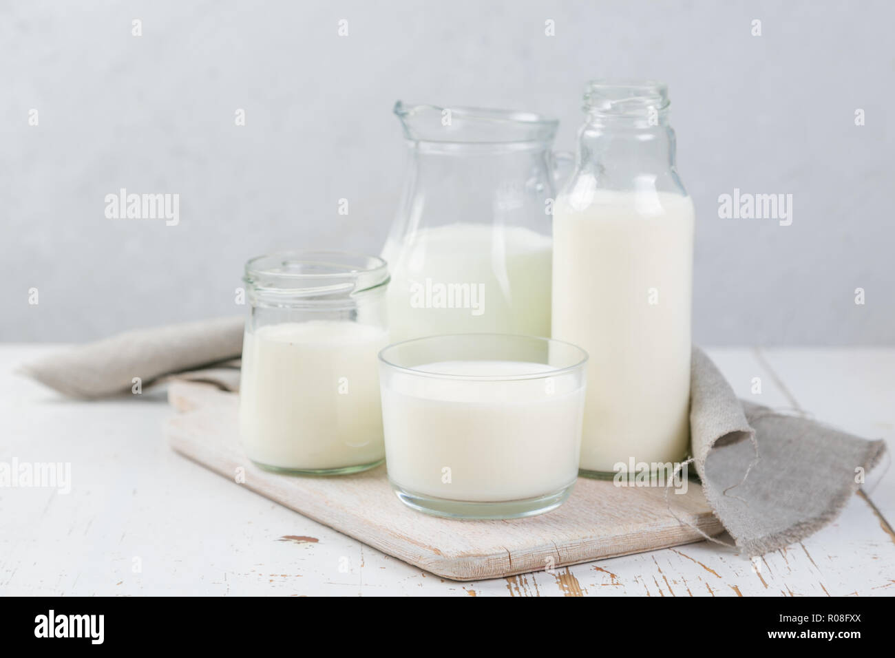 Selection of non-dairy milk alternatives in different bottles. Lactose free milk. healthy lifestyle concept, copy space Stock Photo