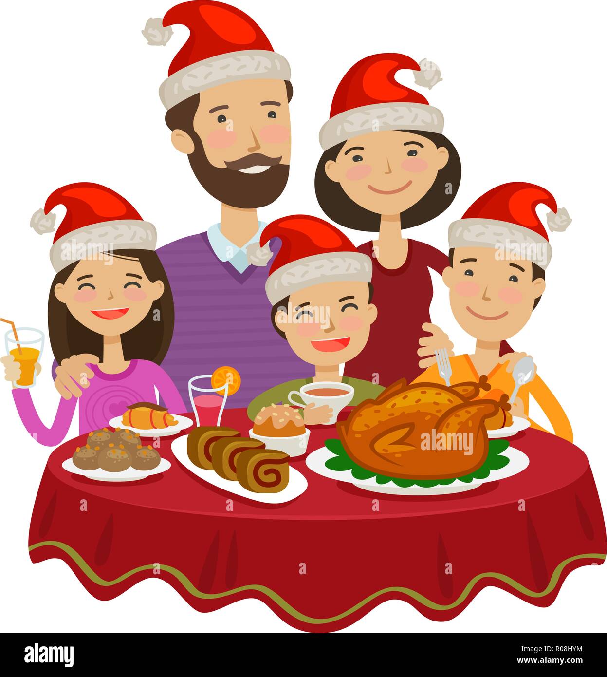 Happy family celebrates christmas. Holiday concept. Cartoon vector illustration Stock Vector