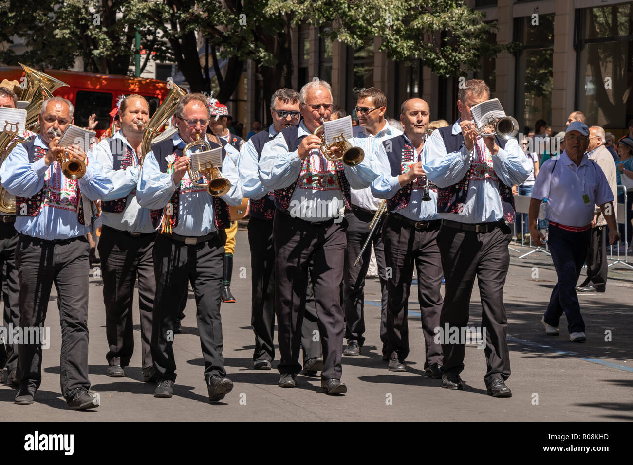 PRAGUE, CZECH REPUBLIC - JULY 1, 2018: Musicians parading at Sokolsky Slet, a once-every-six-years gathering of the Sokol movement - a Czech sports as Stock Photo