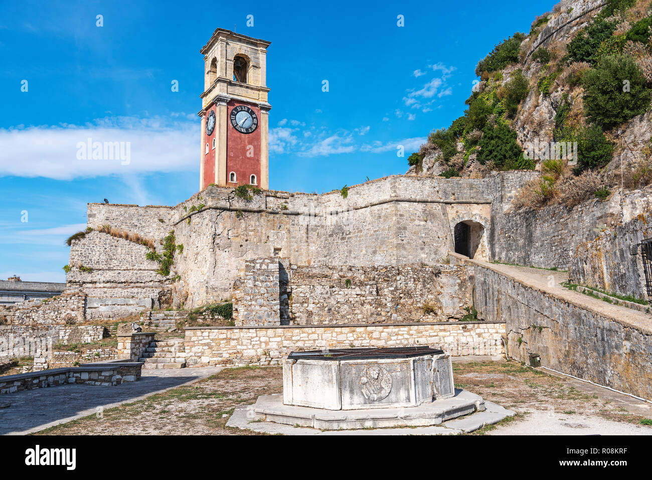 Fountain, bell tower, old fortress, Kerkyra, island Corfu, Ionian Islands, Greece Stock Photo