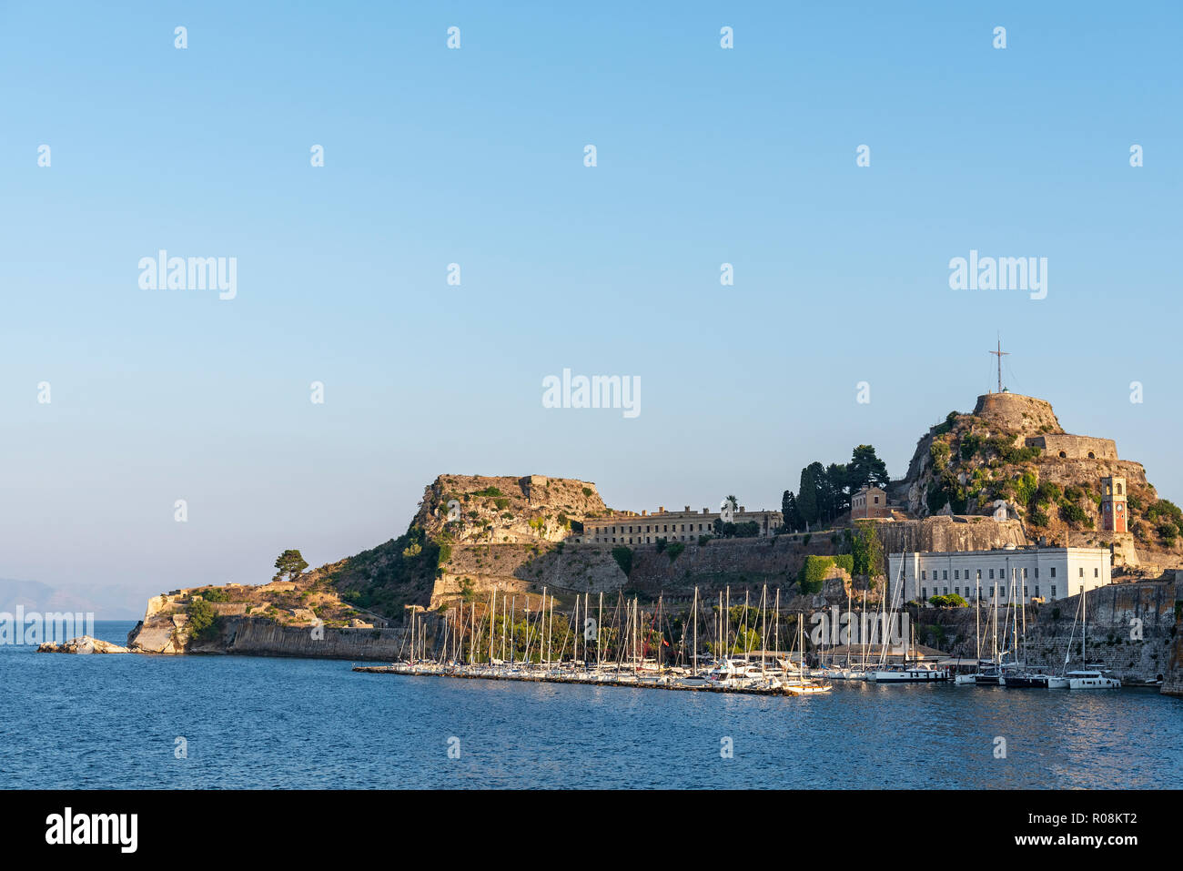 Boat harbour Mandraki, old fortress, Kerkyra, island Corfu, Ionian Islands, Greece Stock Photo