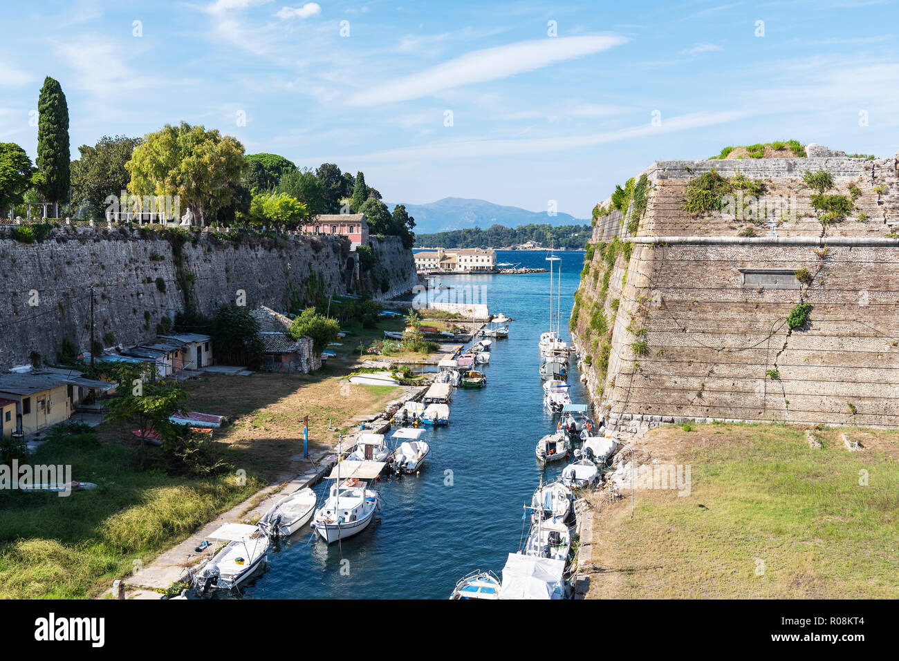 Moat, canal, ancient fortress, Kerkyra, island of Corfu, Ionian Islands, Greece Stock Photo