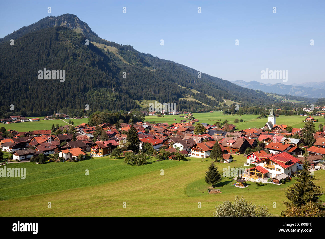 View of Bad Oberdorf, behind left Imberger Horn, Bad Hindelang, Ostrachtal, Oberallgäu, Allgäu, Bavaria, Germany Stock Photo