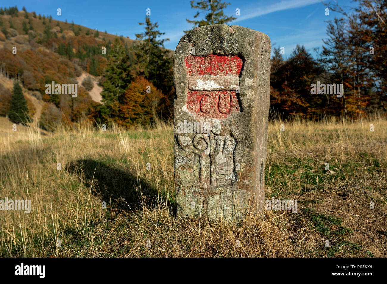 Boundary stone from 1790 on the Belchen, Habsburg Front Austria, Black Forest, Baden-Württemberg, Germany Stock Photo