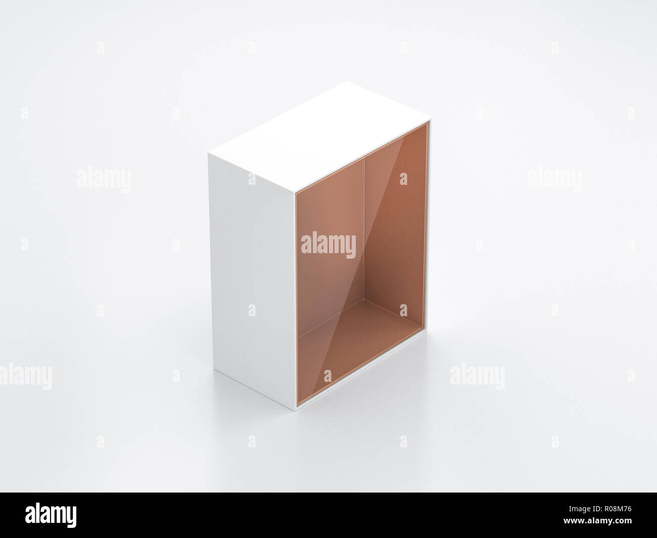 White Box mockup with transparent window and golden foil cardboard inside, 3d rendering Stock Photo