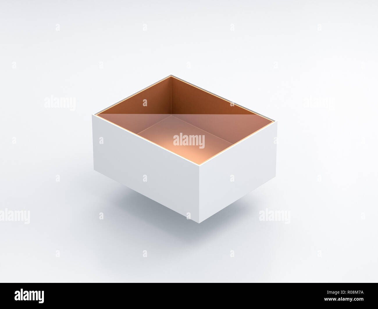 White Box Mockup with transparent plastic window and golden foil cardboard inside in light studio, blister, 3d rendering Stock Photo