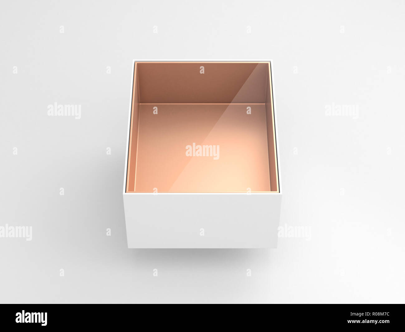 White Box blister Mockup with transparent window and golden cardboard inside in light studio, 3d rendering Stock Photo