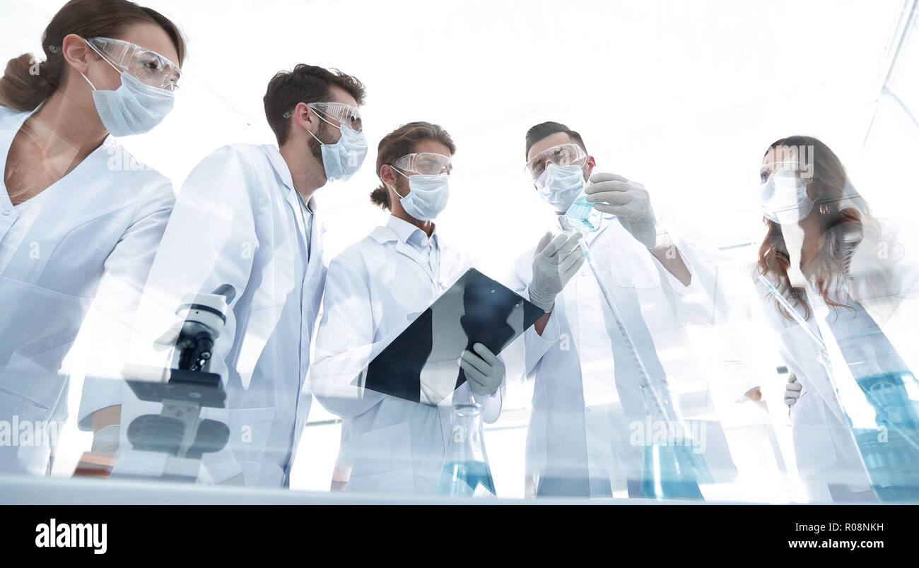 group of scientists working with test tubes and microscope in the ...