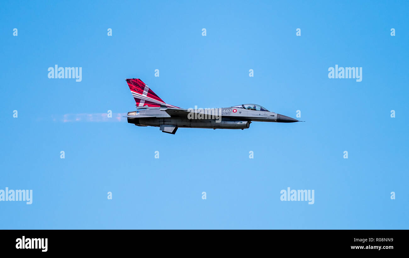 Uppsala, Uppsala län/Sweden - 08/25/2018: The Danish F-16 Fighting Falcon from Lockheed Martin in action at the Swedish Airforces showday in Uppsala Stock Photo