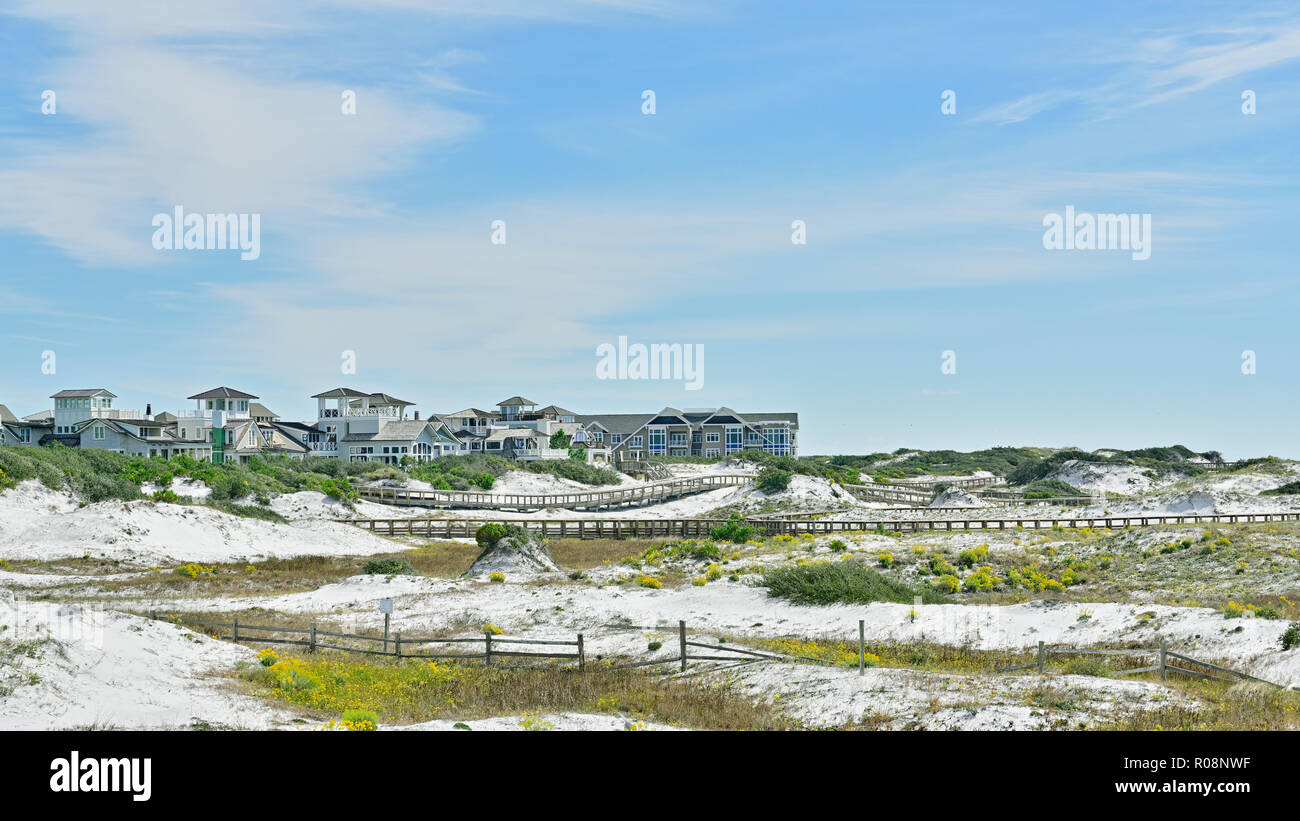 Florida coastal sand dunes landscape looking toward Watersound a coastal living community in the panhandle or Gulf coast of Florida, USA. Stock Photo