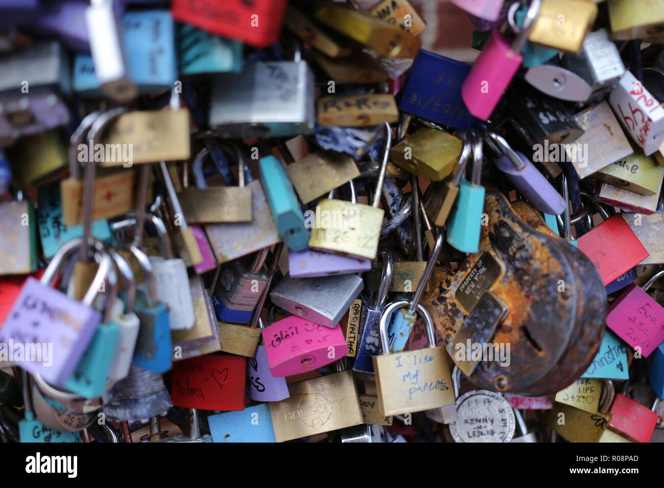 Shot of colorful, old love locks. Toronto, Ontario, Canada Stock Photo