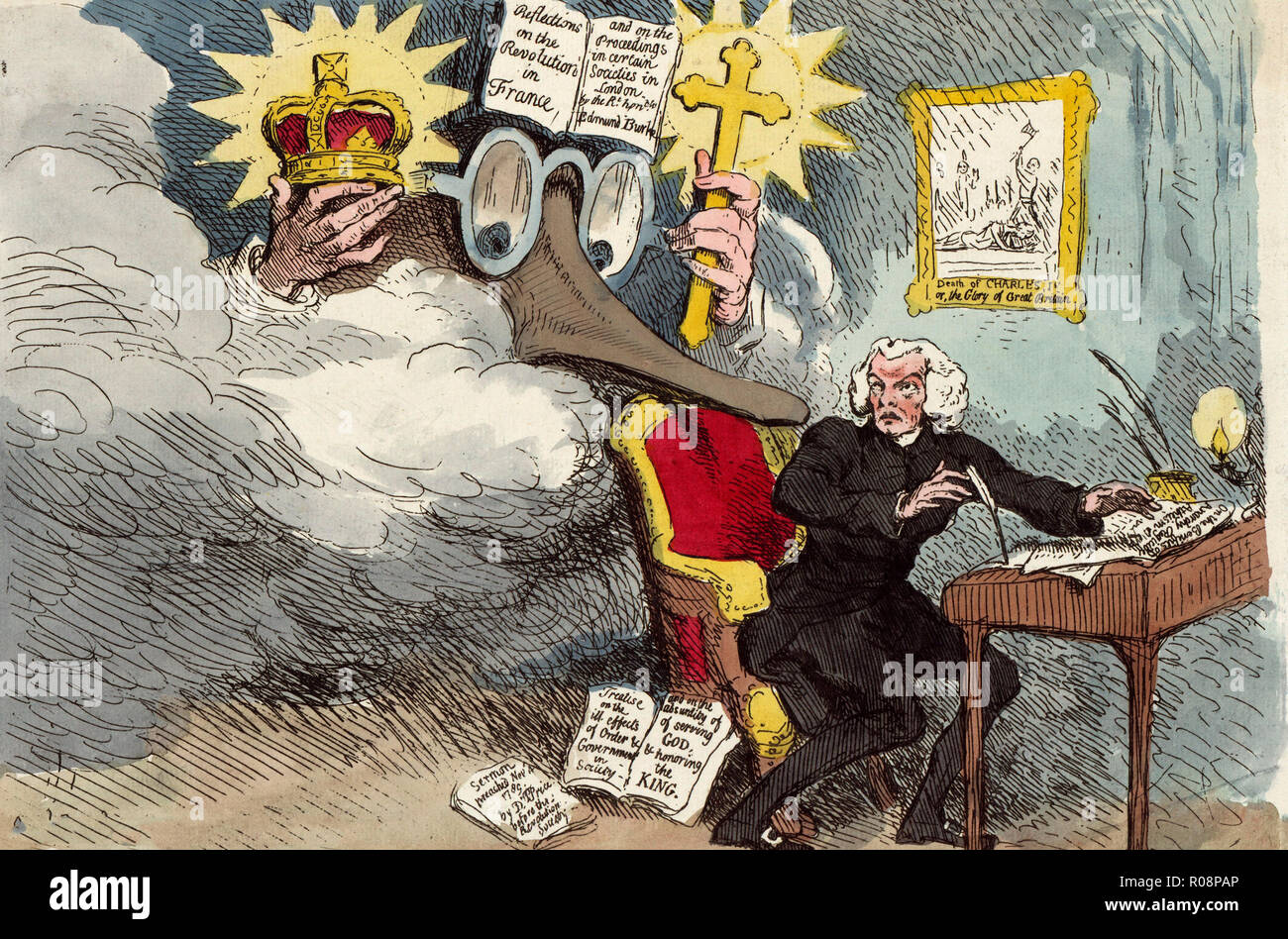 Smelling out a rat; or the atheistical-revolutionist disturbed in his midnight 'calculations' - Print shows Richard Price seated at a desk, he turns to look over his right shoulder at a vision of an enormous Edmund Burke, his spectacles, nose, and hands emerge from the haze, a crown in one hand and a cross in the other, on his head an open copy of his 'Reflections on the Revolution in France....' Hanging on the wall is an illustration of the beheading of Charles I titled, 'Death of Charles I, or the Glory of Great Britain.' - Political Cartoon, 1790 Stock Photo