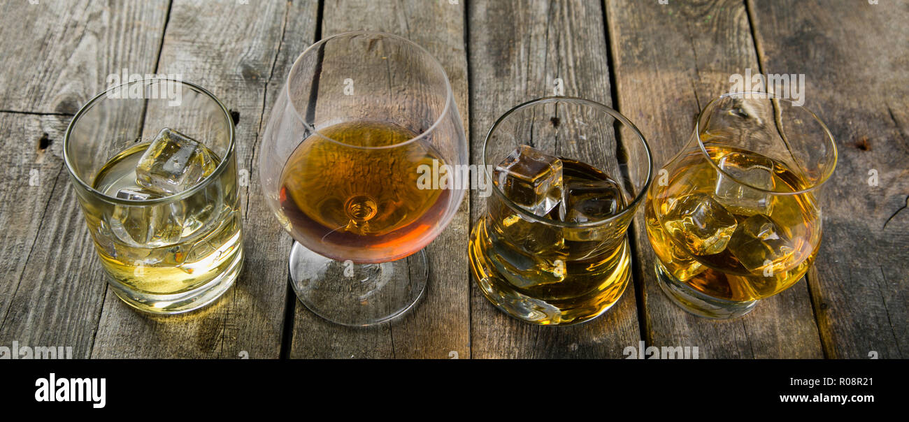 Different types of strong alcohol bourbon, whiskey, scotch and cognac