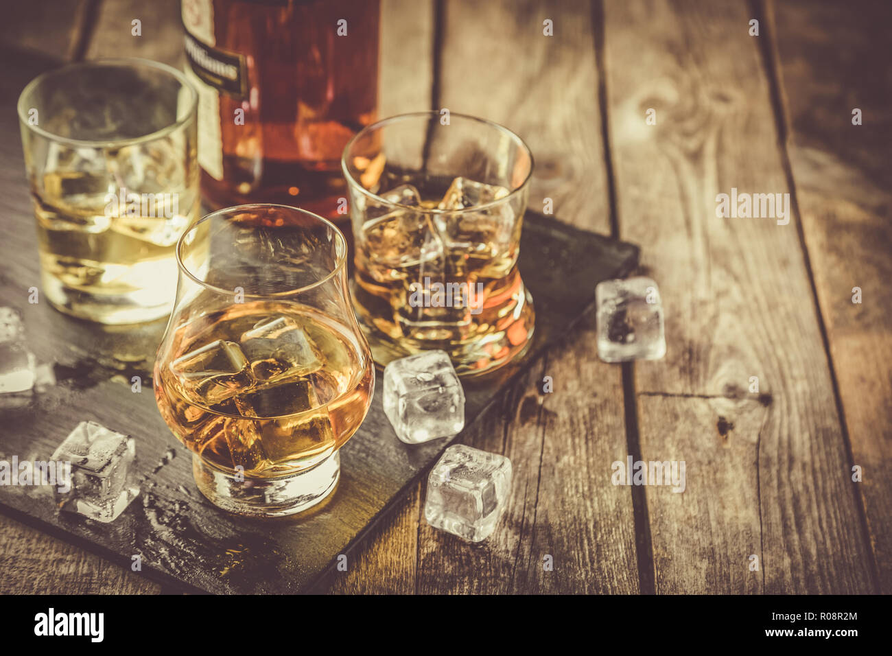 Different types of strong alcohol bourbon, whiskey, scotch and cognac