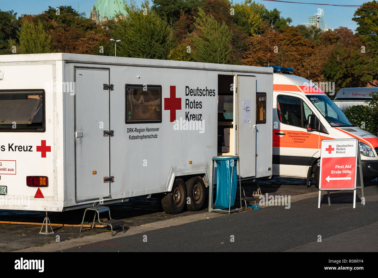 Hannover, Germany, October 13., 2018: Mobile first aid station at the edge of the Schützenplatz at the Oktoberfest in Hanover Stock Photo