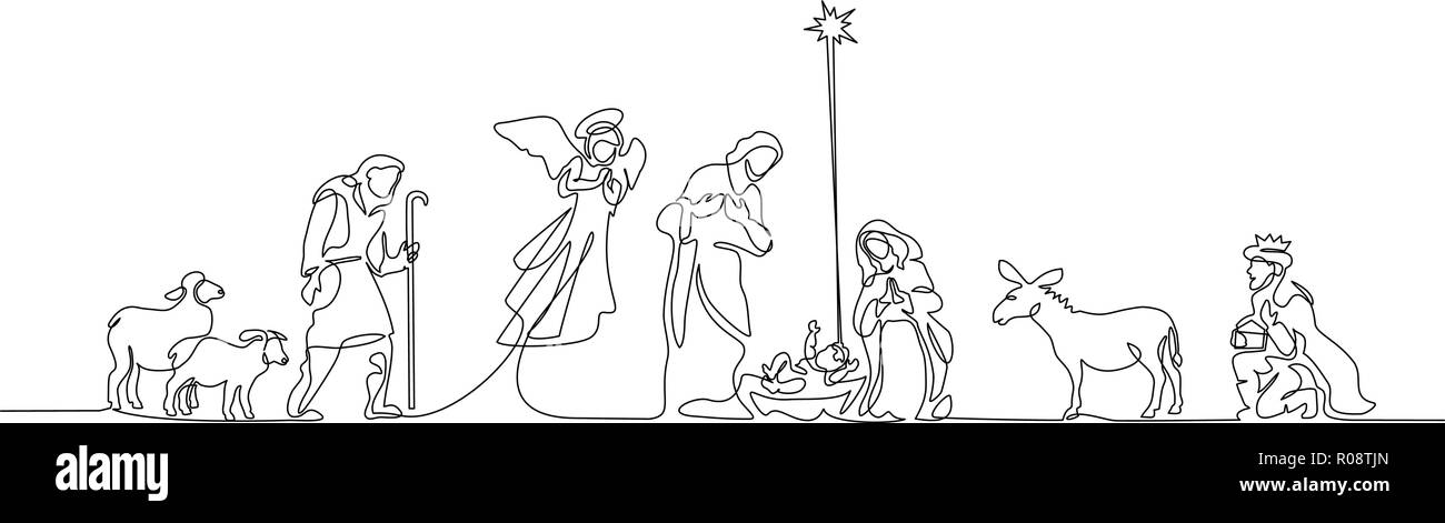 Continuous one line drawing. Bible Merry christmas scene of holy family. Vector illustration Stock Vector