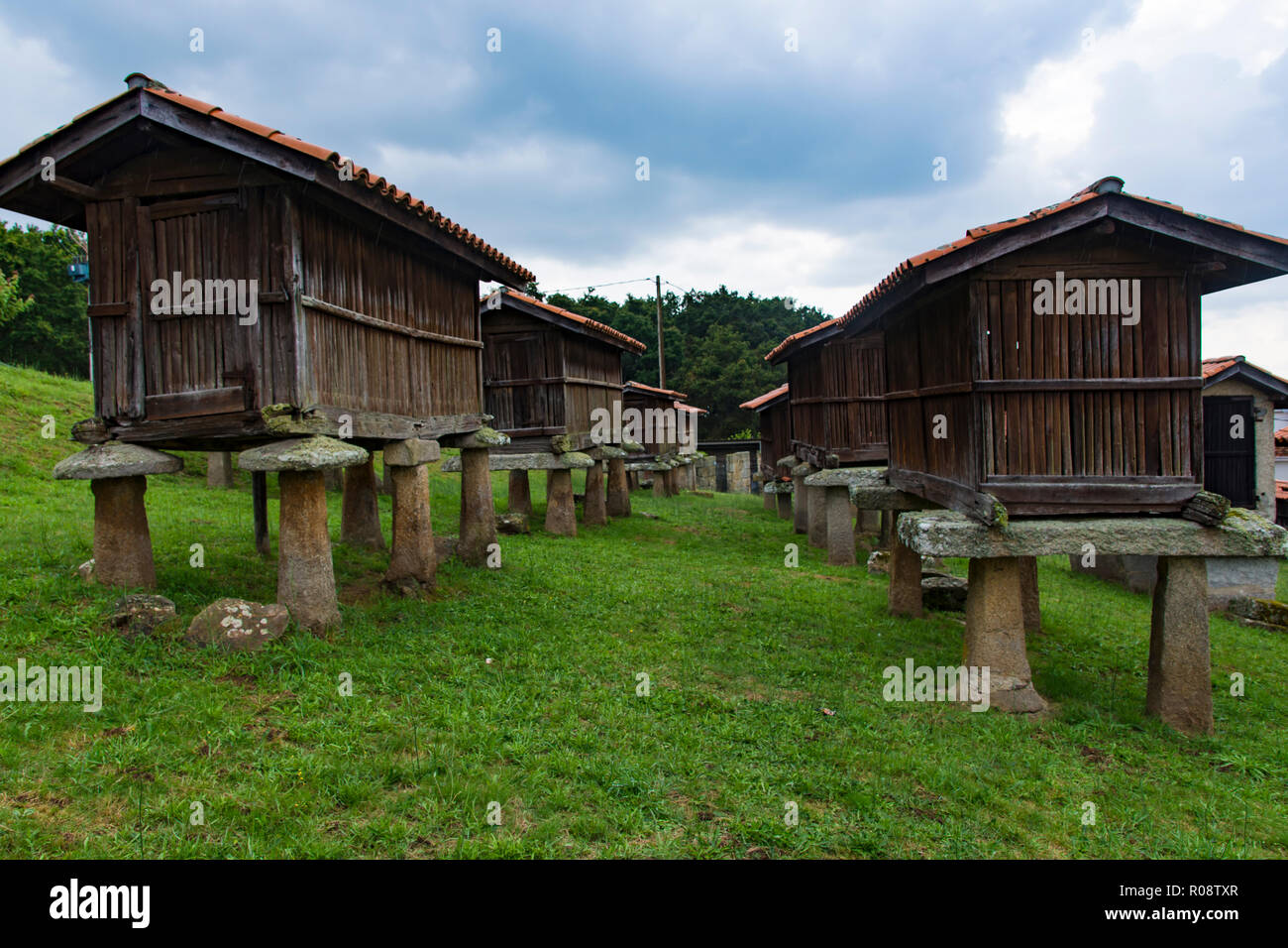 Galician hórreo construction of agricultural use destined to dry, cure and store corn and other cereals very typical in Galicia Spain Stock Photo