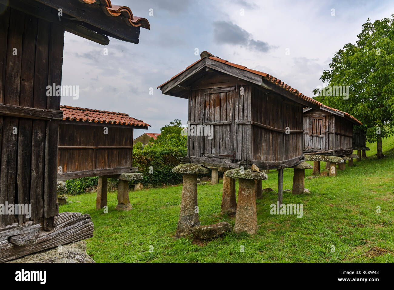 Galician hórreo construction of agricultural use destined to dry, cure and store corn and other cereals very typical in Galicia Spain Stock Photo