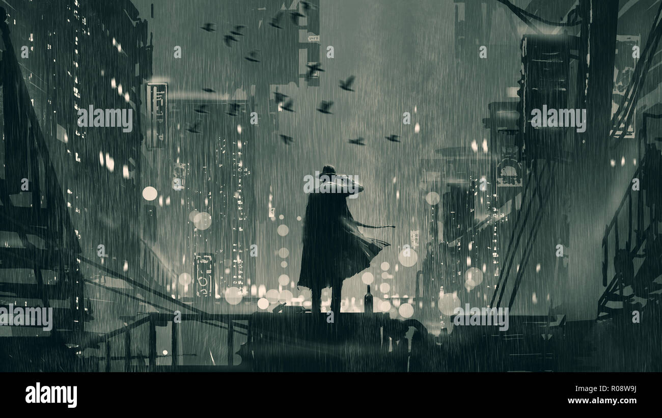 film noir concept showing the detective holding a gun to his head and standing on roof top at rainy night, digital art style, illustration painting Stock Photo