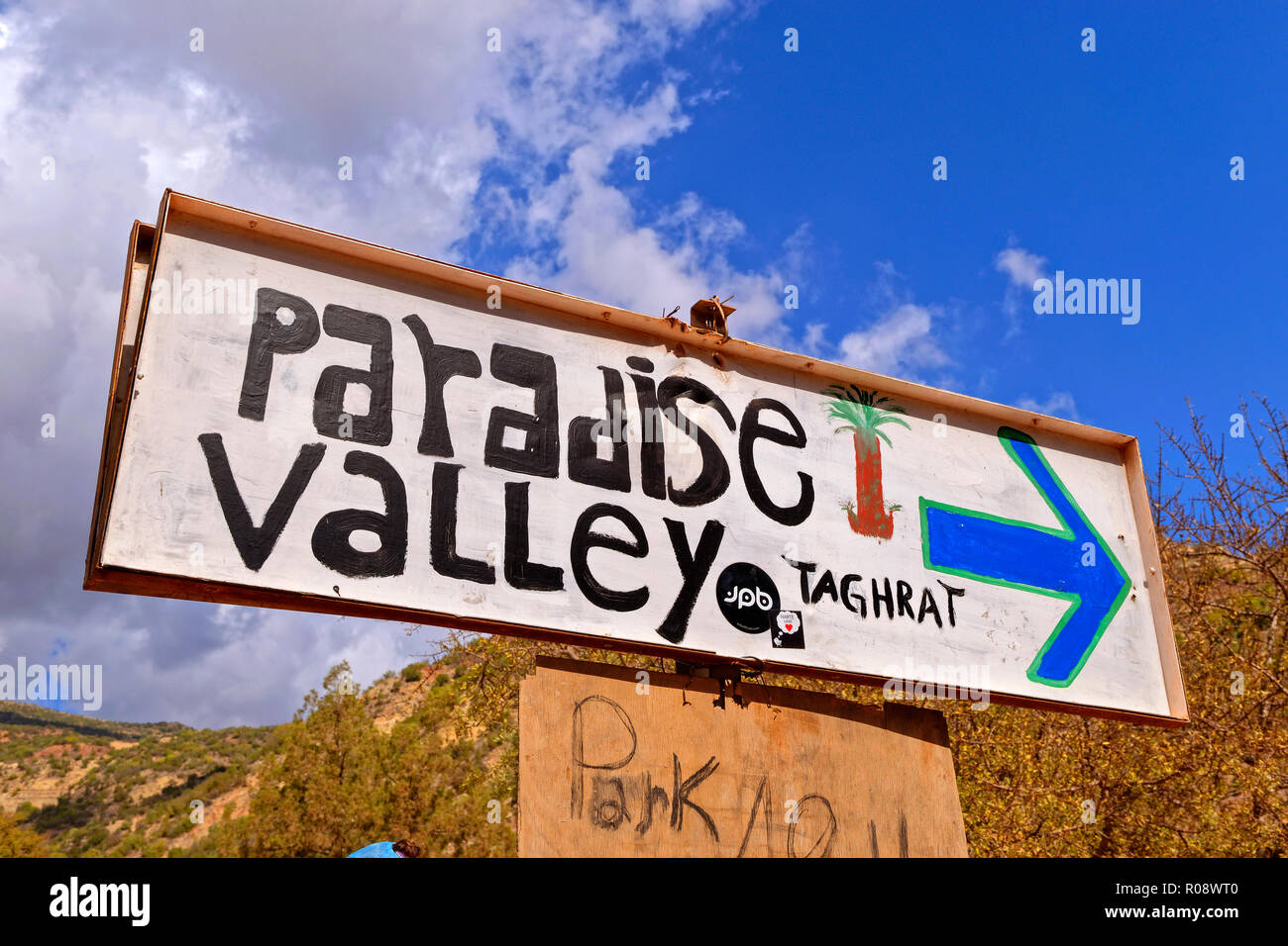 Paradise Valley sign in the western end of the Atlas Mountains, near Agadir, Morocco, North West Africa. Stock Photo