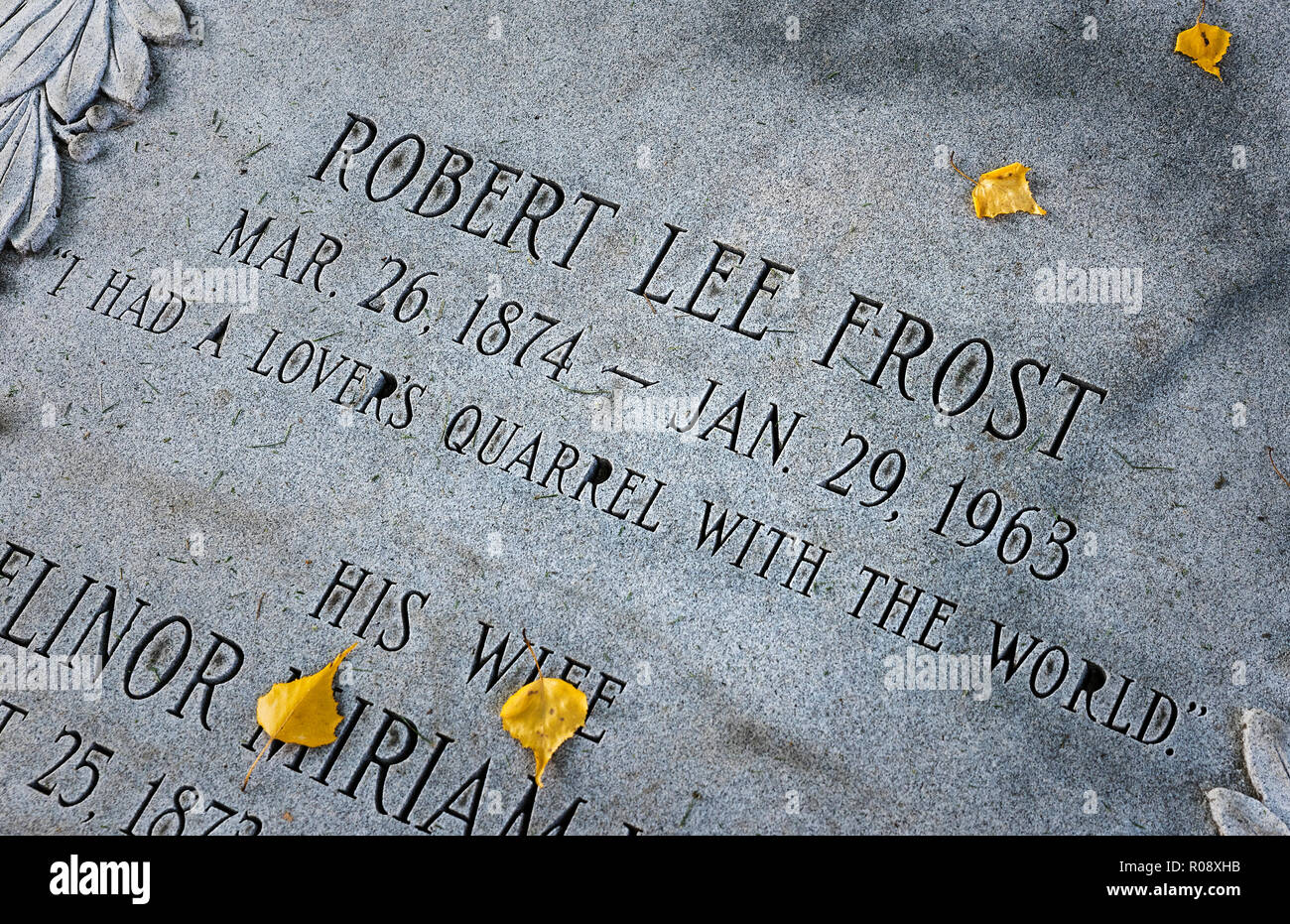 Burial marker of American poet Robert Frost, Bennington, Vermont, USA. Stock Photo