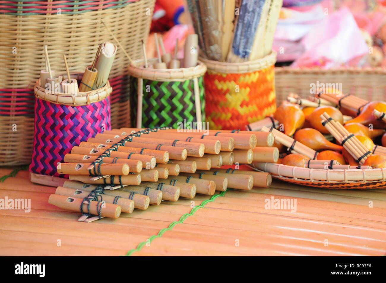 handicraft of container, souviner, music intrument made from rattan and bamboo made in Sabah Malaysia Borneo. Stock Photo