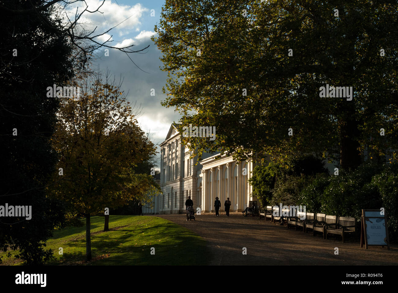 The beautiful Robert Adams facade of Kenwood House on a sunny late afternoon in autumn. Kenwood House, Hampstead, London UK. Stock Photo