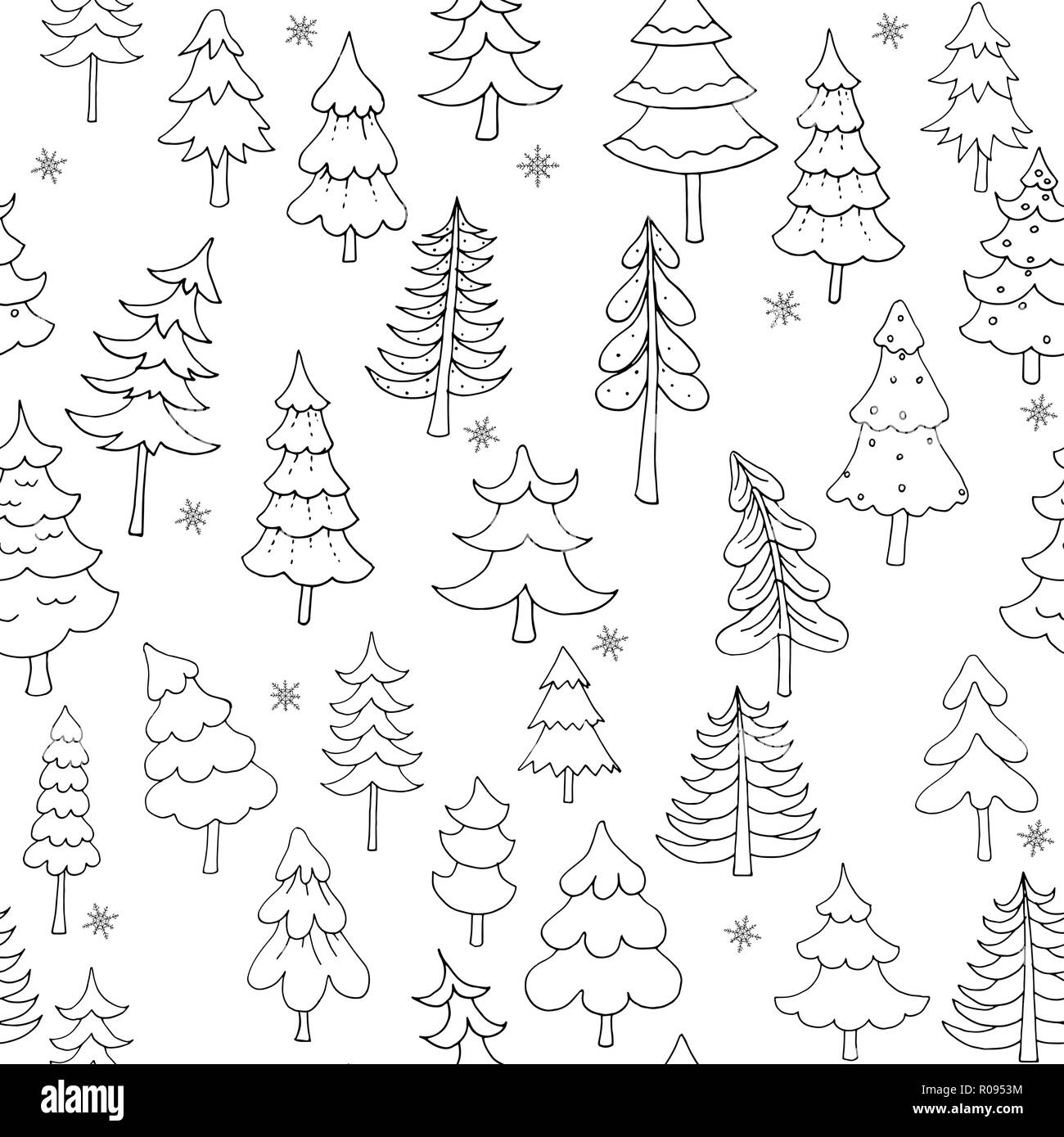 Seamless pattern of hand drawn doodle style Christmas trees isolated on ...