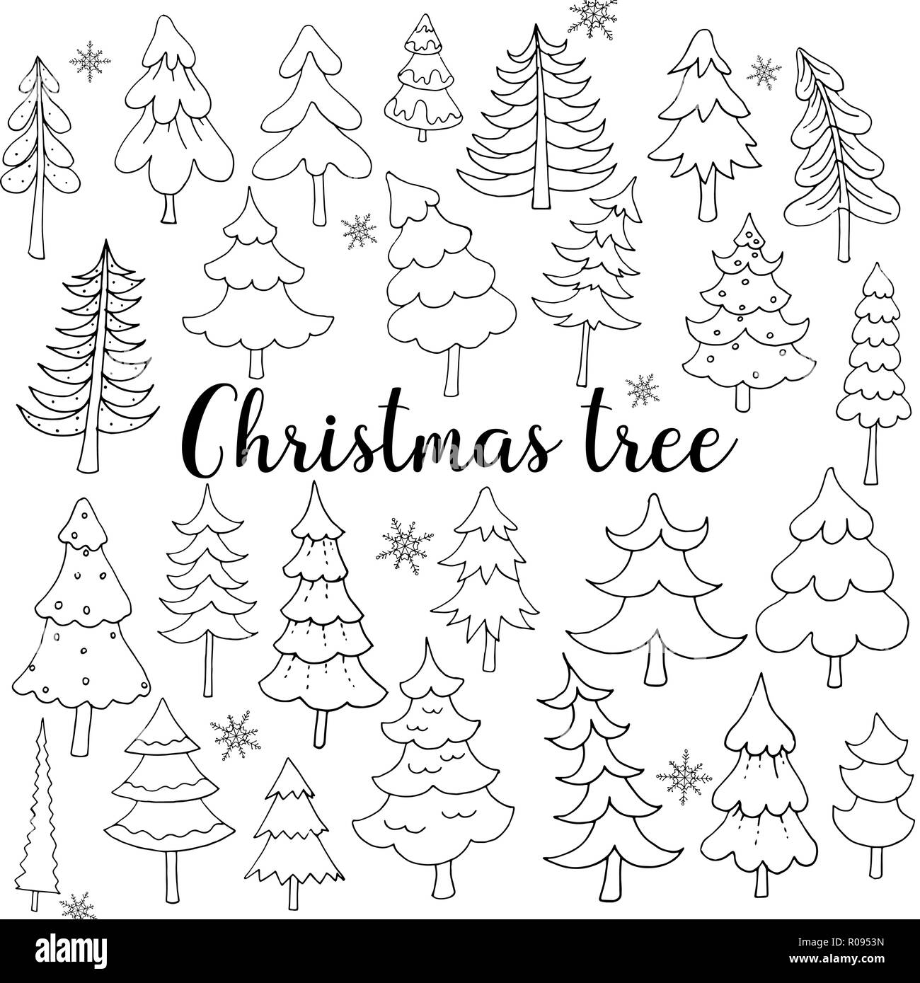 Big set of hand drawn doodle style Christmas trees isolated on white ...