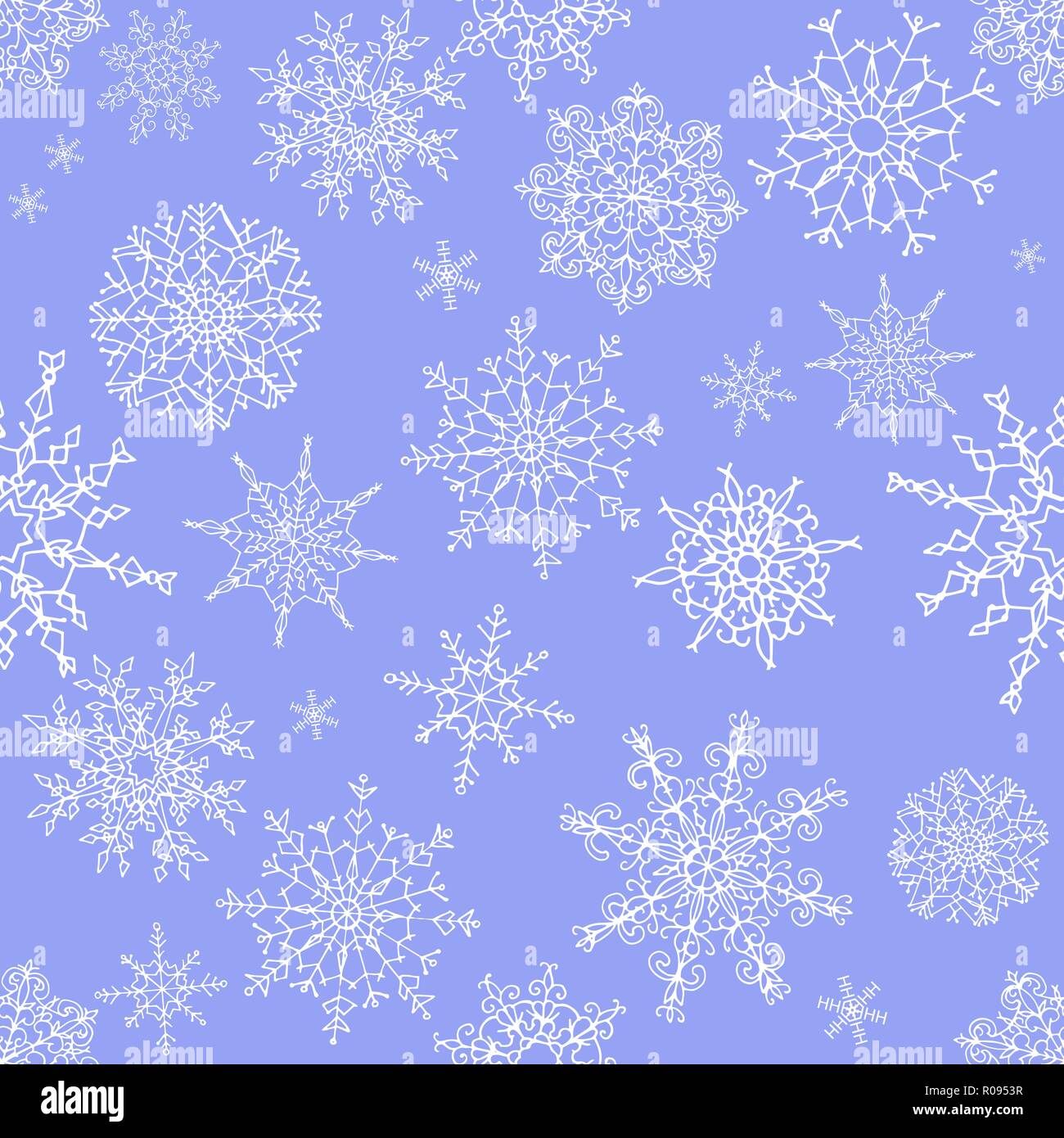 Seamless pattern of hand drawn doodle style snowflakes isolated on blue ...