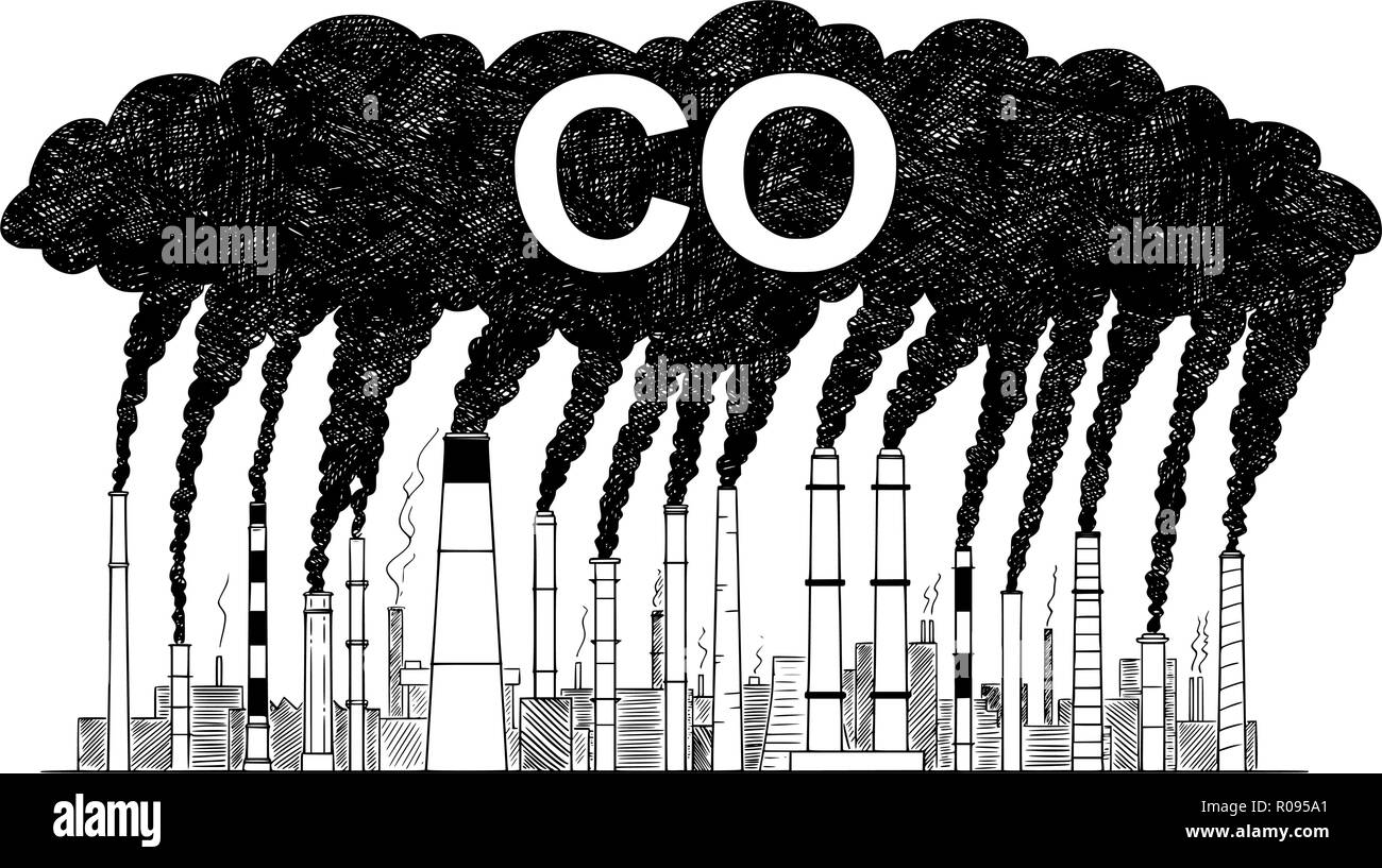 Vector Artistic Drawing Illustration of Smoking Smokestacks, Concept of Industry or Factory CO Air Pollution Stock Vector