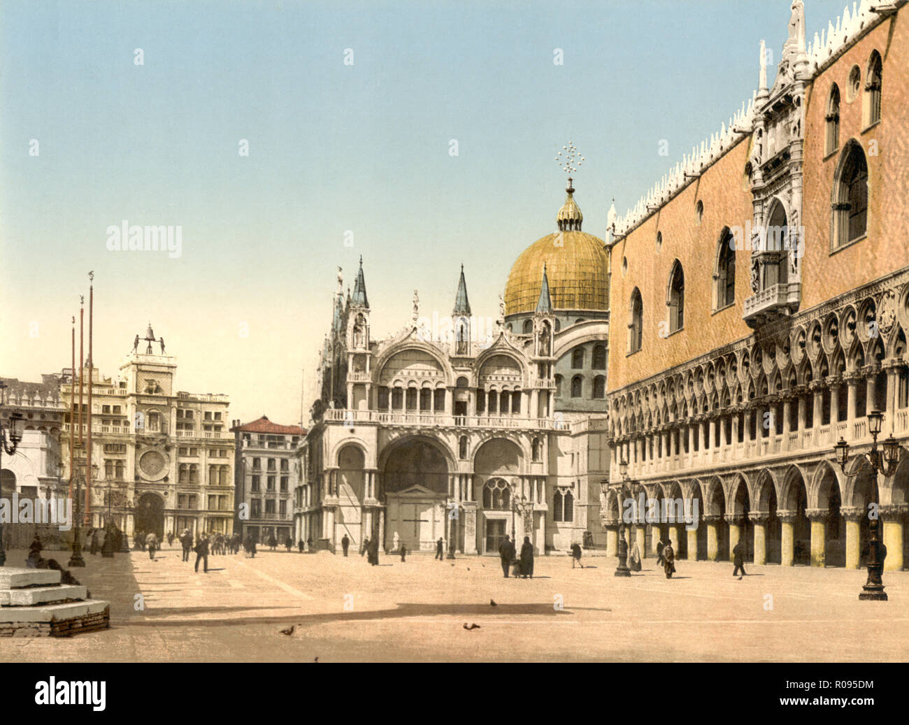 Clock tower, St. Mark's, and Doges' Palace, Piazzetta di San Marco, Venice, Italy, Photochrome Print, Detroit Publishing Company, 1900 Stock Photo