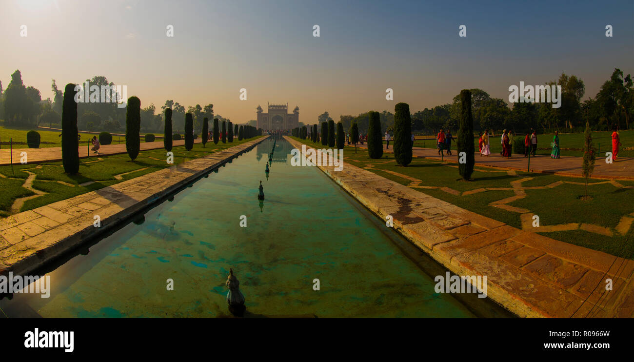 View of West gate ,of Tajmahal,through,water pool, Agra,U.P.India. Stock Photo